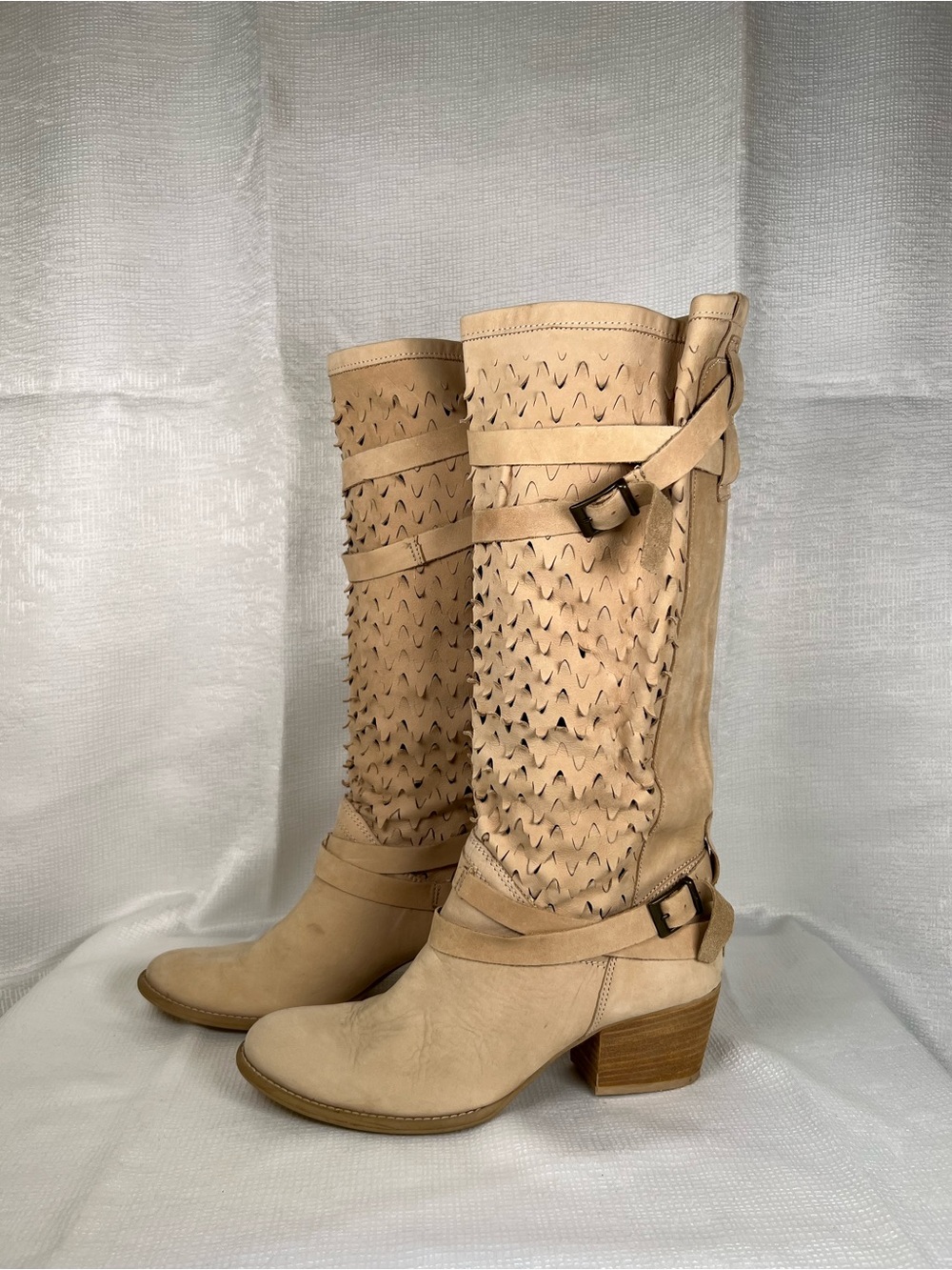 Beige Perforated Italian Leather Mid-Calf Boots Size 40/9